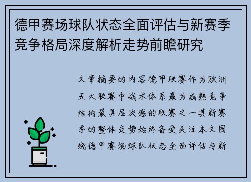 德甲赛场球队状态全面评估与新赛季竞争格局深度解析走势前瞻研究